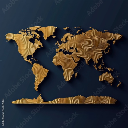 Gold-toned world map with a textured, wave-like pattern on a dark blue background, rendered in a minimalist, 3D style with subtle shadowing