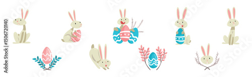 Funny Bunny Character with Egg in Garden Vector Set