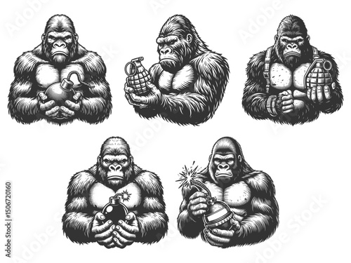 Gorilla Holding Bomb and Grenade Set collection bundle sketch engraving generative ai vector illustration. Scratch board imitation. Black and white image.