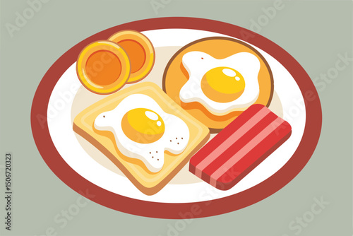 Delicious breakfast with eggs, toast, bacon and pancakes on a plate