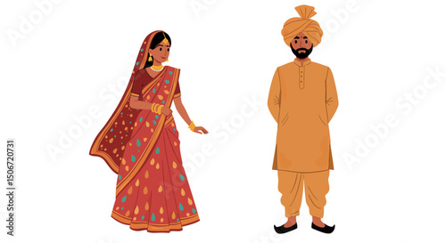 Indian Woman in Saree and Sikh Man in Turban Traditional Attire