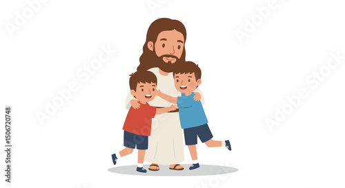 Jesus Christ Embracing Two Young Boys with Love and Affection