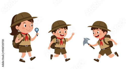 Three Cartoon Scouts with Backpacks Magnifying Glass and Axe