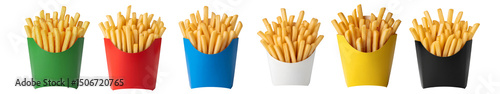 French fries in colorful boxes isolated on transparent background
