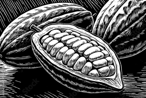 Whole and half cocoa pod with raw beans black and white isolated hand drawn sketch