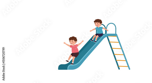 Two Boys Playing on a Blue Slide with Yellow Steps