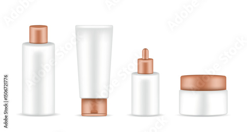 Full set of cosmetic bronze packaging: bottle, tube, dropper bottle and cream jar on light background, realistic mockup