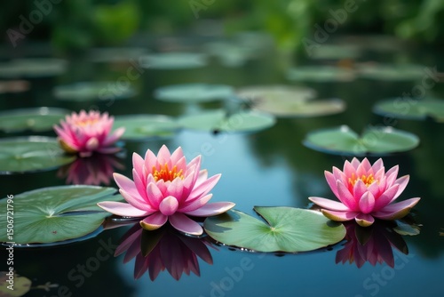 Water lilies forming a natural floral pattern on still lake , background, plant