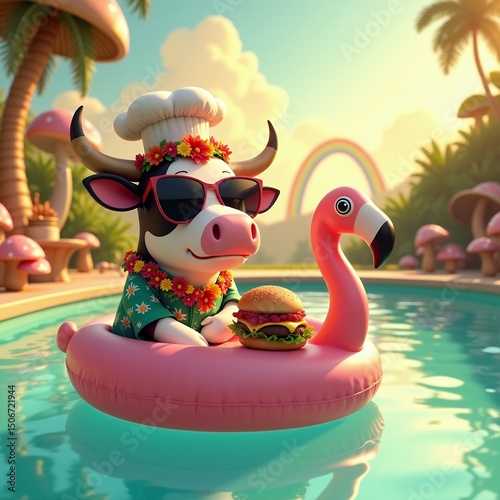 Cartoon cow chef enjoying poolside relaxation with food