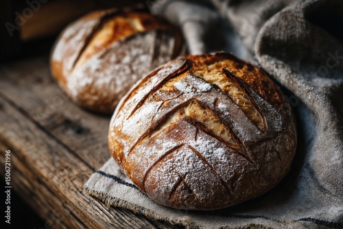 Two Baked Artisan Bread Loaves on a Wooden Table