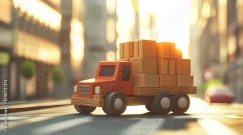 A miniature red wooden truck laden with cardboard boxes, sits on a city street at sunrise