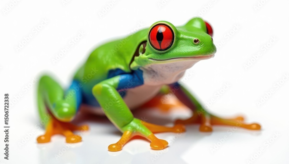Obraz premium Single vibrant red-eyed tree frog on pure white, white, animal