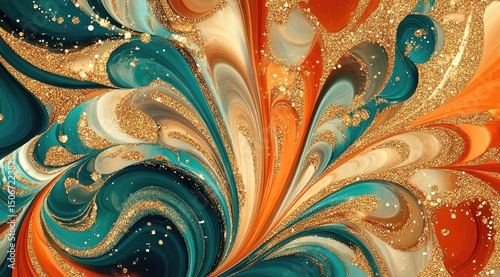 Swirling teal, orange, and beige abstract art with gold glitter accents, creating a fluid, dynamic composition
