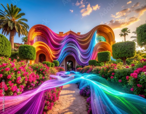 Futuristic Garden Mansion with Flowing Rainbow Lightwaves