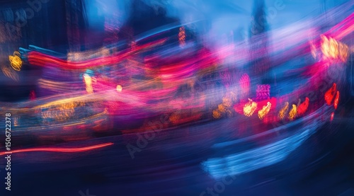 Abstract urban nightscape depicted with vibrant, swirling streaks of red, pink, blue, and orange light trails, creating a dynamic and energetic atmosphere
