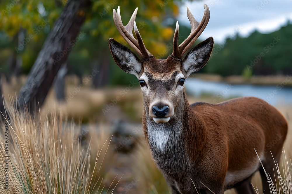 Obraz premium Majestic Stag Gazes Directly at Camera with Impressive Antlers a