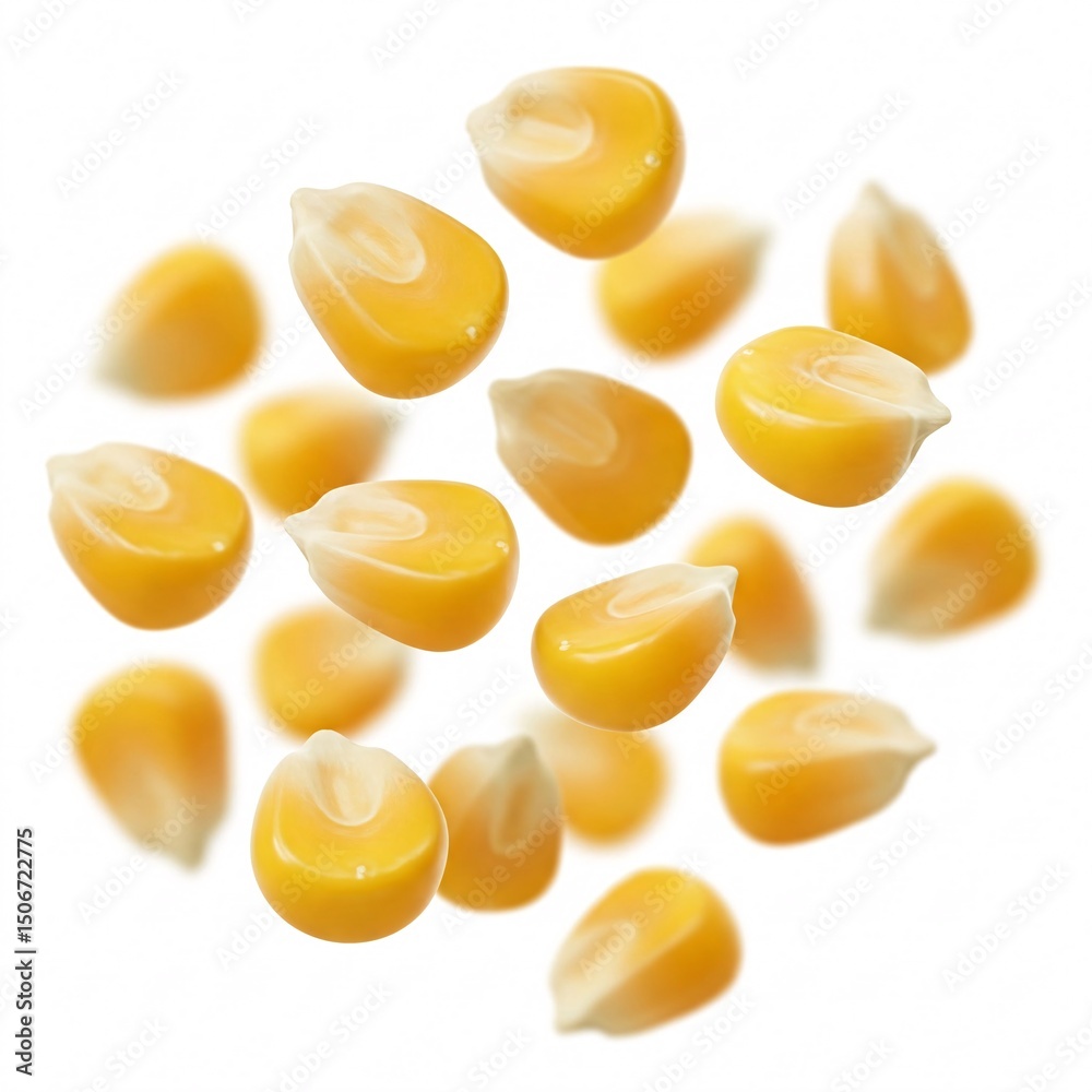 Fototapeta premium Yellow corn kernels elegantly falling on a white background.
