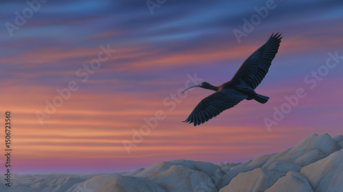 Northernbaldibis in flight over cliffs at sunset with warm glow photo