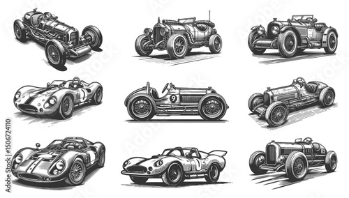 Racing Cars Set collection bundle sketch engraving generative ai vector illustration. Scratch board imitation. Black and white image.