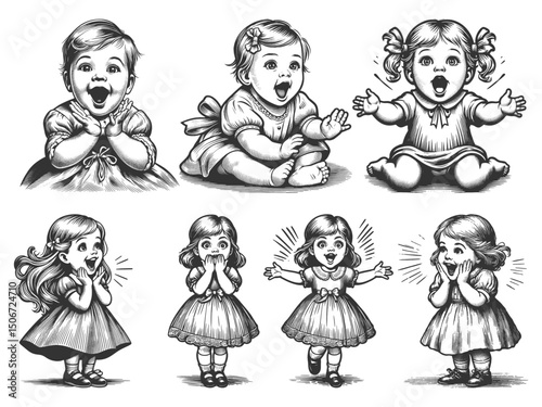 Surprised and Joyful Little Girl Set collection bundle sketch engraving generative ai vector illustration. Scratch board imitation. Black and white image.