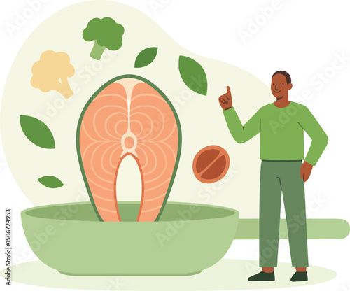 Healthy Food Vector Illustration: Man Presenting Salmon and Vegetables.