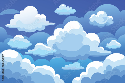 Cartoon clouds floating in a bright blue sky background illustration