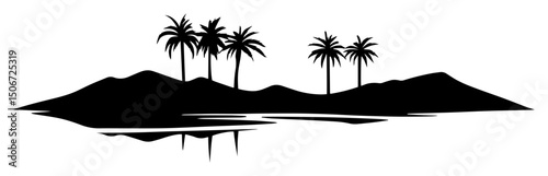 tropical island with palm trees black silhouette in vector style