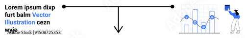 Linear timeline with downward arrow pointing to a chart, person holding a clipboard. Ideal for workflow, analytics, business strategy, project planning, data presentation, education, simple landing