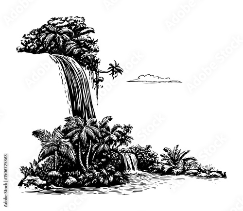 tall jungle waterfall with trees black and white woodcut style