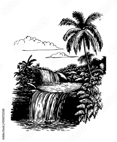 exotic waterfall in tropical forest black vector artwork
