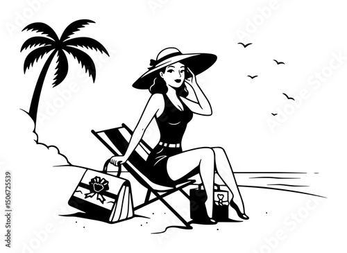 retro pin up girl on beach black and white clipart illustration