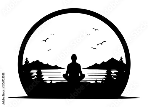 meditation in nature circle frame black and white minimal vector