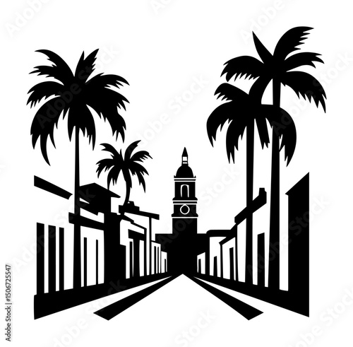 palm city street with tower black and white decorative illustration