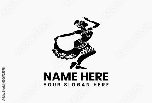 Elegant black and white vector logo silhouette of a traditional Indian Bharatanatyam dancer with intricate costume details. Cultural concept