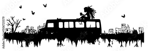 hippie girl on abandoned bus black silhouette in vector