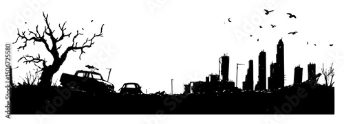 post apocalyptic city ruins black and white woodcut style