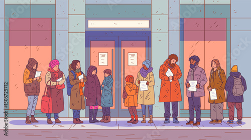 People waiting in line outside building winter clothing holding papers diverse group urban setting