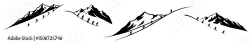 mountain slopes with skiers black vector silhouette