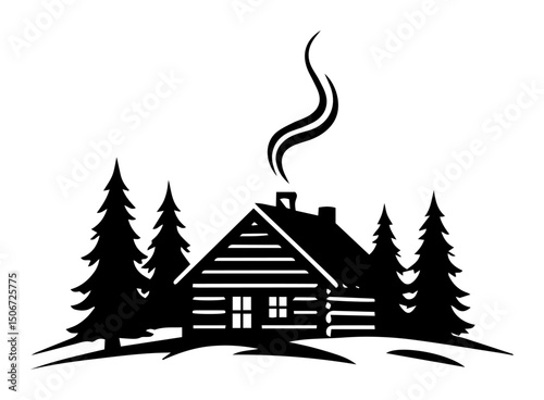 log cabin in forest with smoke creative black and white graphic