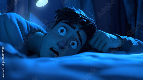 Cartoon male character with wide open eyes in fear lying on bed in night dark atmosphere. Nightmare. 