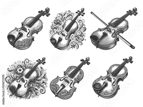 Violin Set collection bundle sketch engraving generative ai vector illustration. Scratch board imitation. Black and white image.
