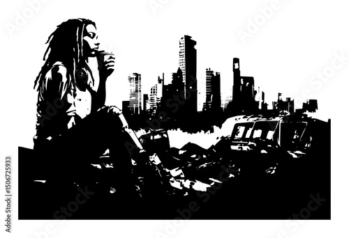 alternative woman with city ruins background dark profile graphic