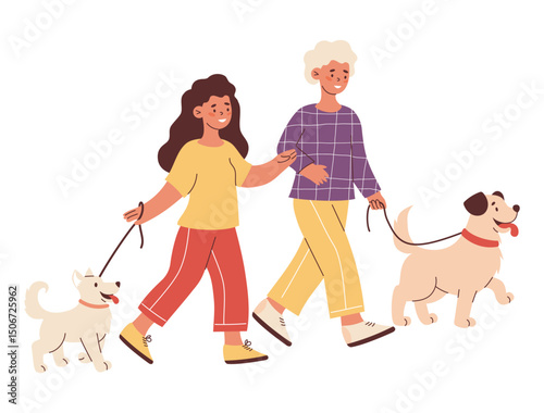 Happy Couple Woman Walking Dogs Together Outdoors. Female character girlfriend. Vector Illustration