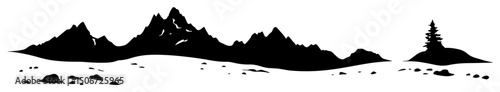 rocky mountain range with trees black vector shape on white