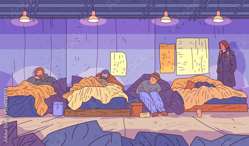 Homeless shelter interior with people resting on beds under blankets warm lighting purple tones cozy atmosphere detailed background