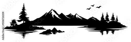 mountains and forest by lake silhouette shape clean vector cut-out