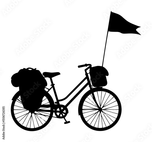 touring bicycle with luggage and flag silhouette shape classic silhouette shape