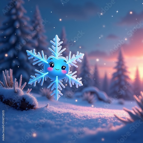 Cute animated snowflake floating amidst winter landscape illustration
