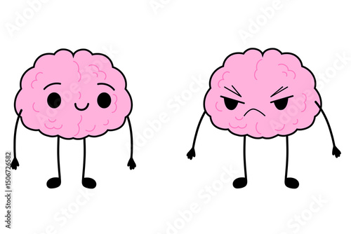 Happy brain and angry brain character. Depression, burnout, dysthymia, bipolar disorder, mental problems. Cartoon cute brain. Stock vector illustration isolated on white background