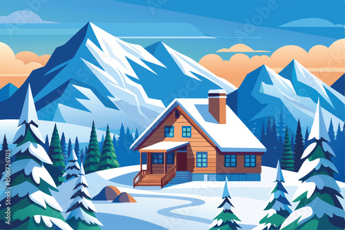 Winter cabin nestled in a snowy mountain landscape with pine trees